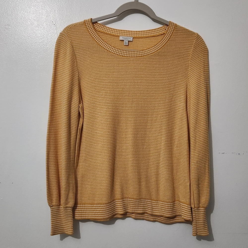 Talbots Yellow White Striped Sweater Medium Petite MP Coastal Nautical Preppy